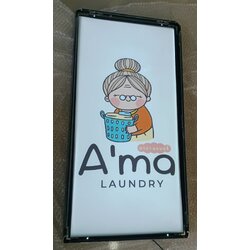 กรอบป้ายไฟเมนู ร้าน A’ma Laundry | ป้ายการ์ตูนอาม่าสุดอบอุ่น สว่างชัด ดูสะอาดเหมือนผ้าเพิ่งซักเสร็จ