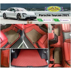 พรมรถยนต์ 7D สีแดงไวน์ + ไวนิลสีน้ำตาล Porsche Taycan 2021
