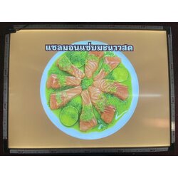 ป้ายไฟเมนู แซลมอนแซ่บมะนาวสด – ป้ายภาพอาหารจัดจ้านจนต้องหยุดมอง!