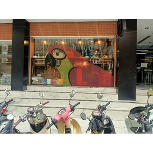 ป้ายปริ้นท์สติกเกอร์ติดลงบนกระจก รูปนกงานอเมซอน