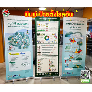ป้ายตั้งออกบูธ ป้ายตั้งจัดนิทรรศการ พิมพ์ป้ายตั้งโรอัพ"ชุมชนเนินมะค่า"