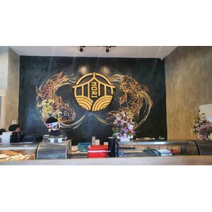 ป้ายอะคริลิคฉะลุแปะด้วยสแตนเลสทอง งานNORI