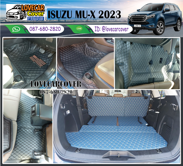 พรม6D Isuzu Mu-X 2023 สีดำด้ายดำลายเคฟล่า + ท้ายพับเบาะสีน้ำเงินด้ายทอง