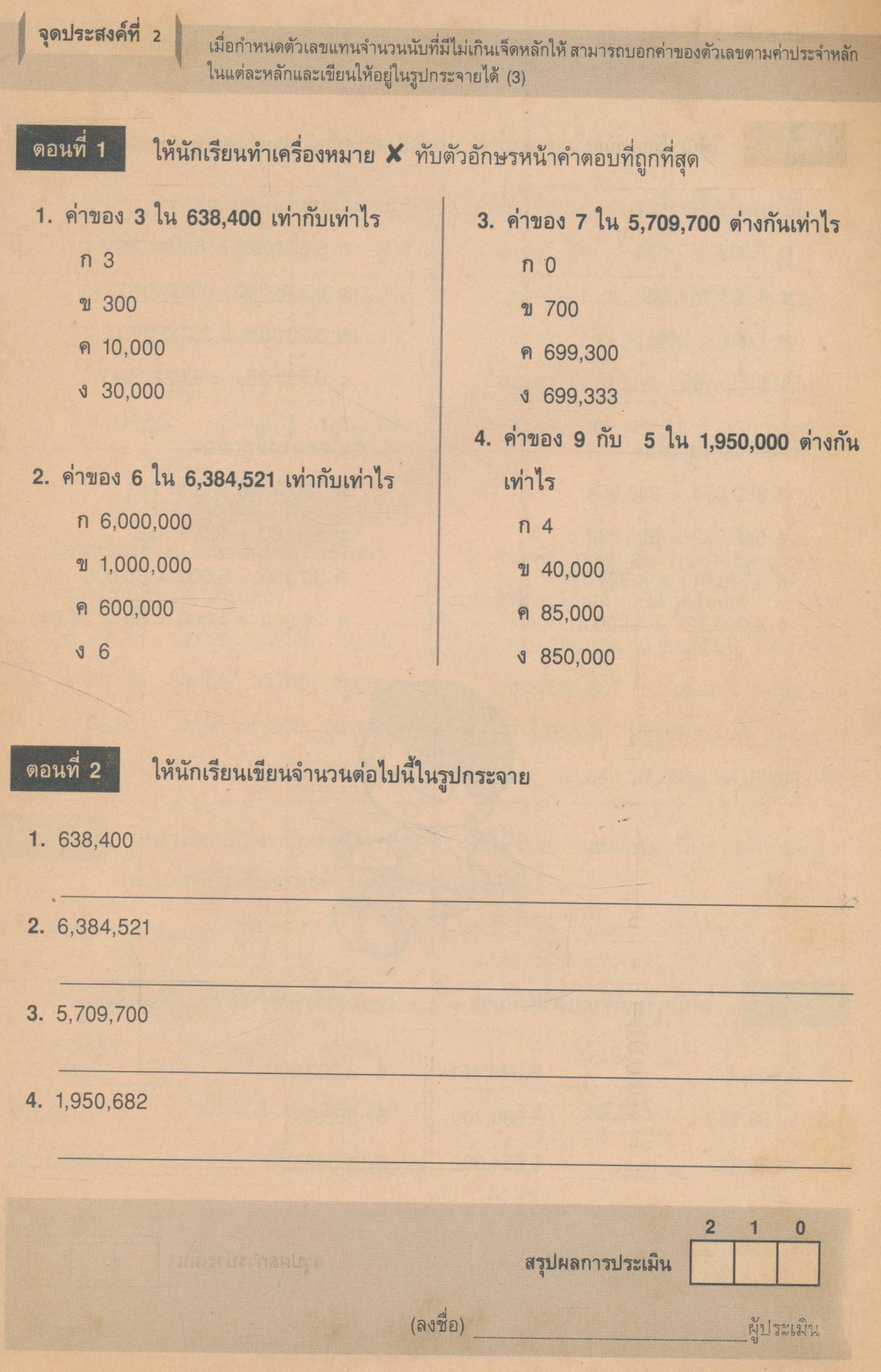 แบบประเมินผลการเรียน คณิตศาสตร์ ฉบับพัฒนาทักษะกระบวนการ ชั้นประถมศึกษาปีที่ 4