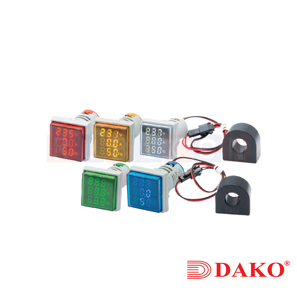 "DAKO" AD22-22VAHS-G ไพล็อตแลมป์ มิเตอร์วัดโวลท์ แอมป์และความถี แบบเหลี่ยม 22 มม. สีเขียว (GREEN) (VOLTAGE & AMP & HZ INDICATOR)