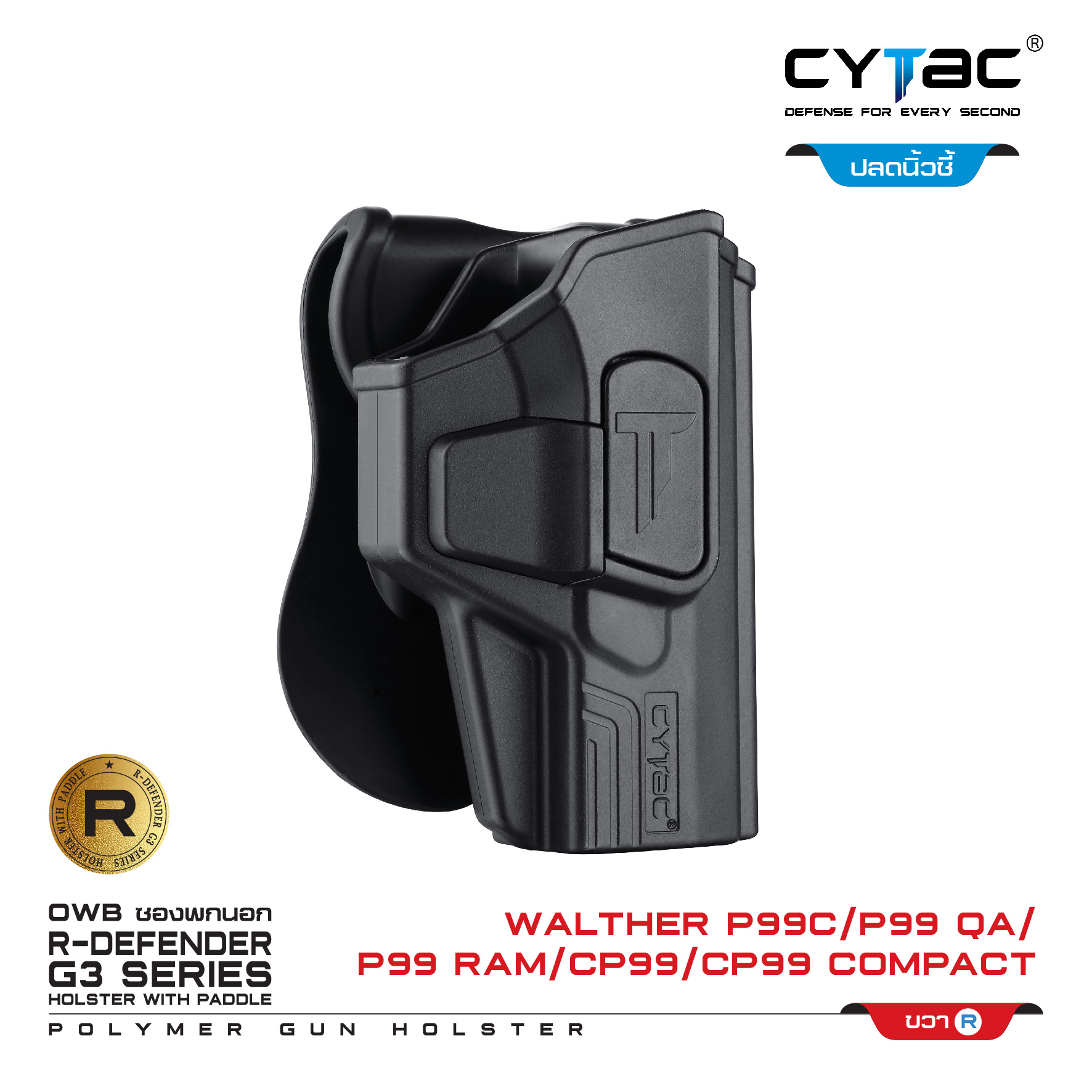 🇹🇭 658 ไทยแลนด์ แทคติคอล CYTAC ซองพกนอก ปลดล็อคนิ้วชี้ รุ่น Walther P99C,P99 QA (ดำ ขวา) Thailand Tactical