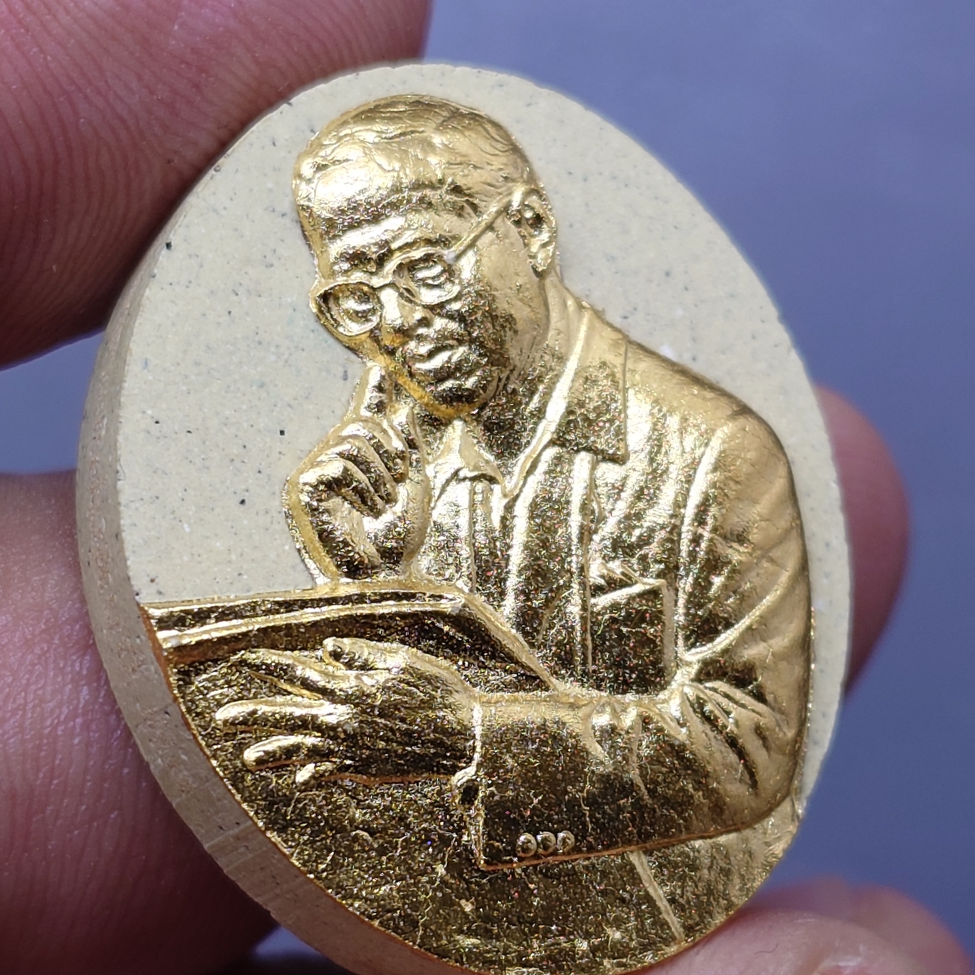 เหรียญรูปหล่อพระบาทสมเด็จพระเจ้าอยู่หัว เนื้อผง หน้าปิดทอง หลัง ภ.ป.ร. ปิดทอง โครงการ "เพราะแผ่นดินนี้ คือ แผ่นดินเกิด" ปี2551 ตลับเดิม