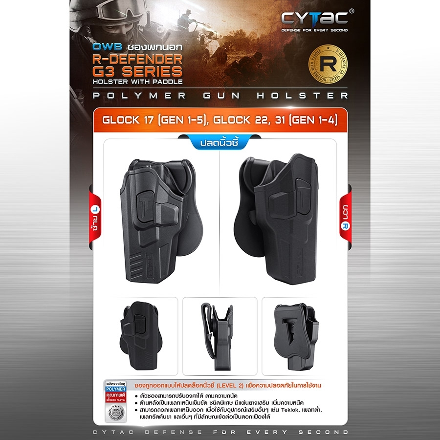 🇹🇭 651 ไทยแลนด์ แทคติคอล CYTAC ซองพกนอก ปลดล็อคนิ้วชี้ รุ่น GLOCK 17,22,31 Thailand Tactical