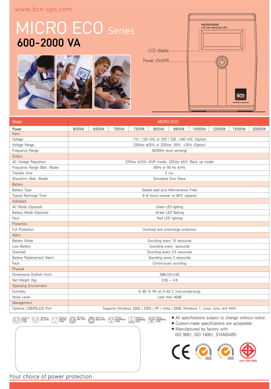 สำรองไฟฟ้า BCN 1KVA 400W 'Micro Eco'