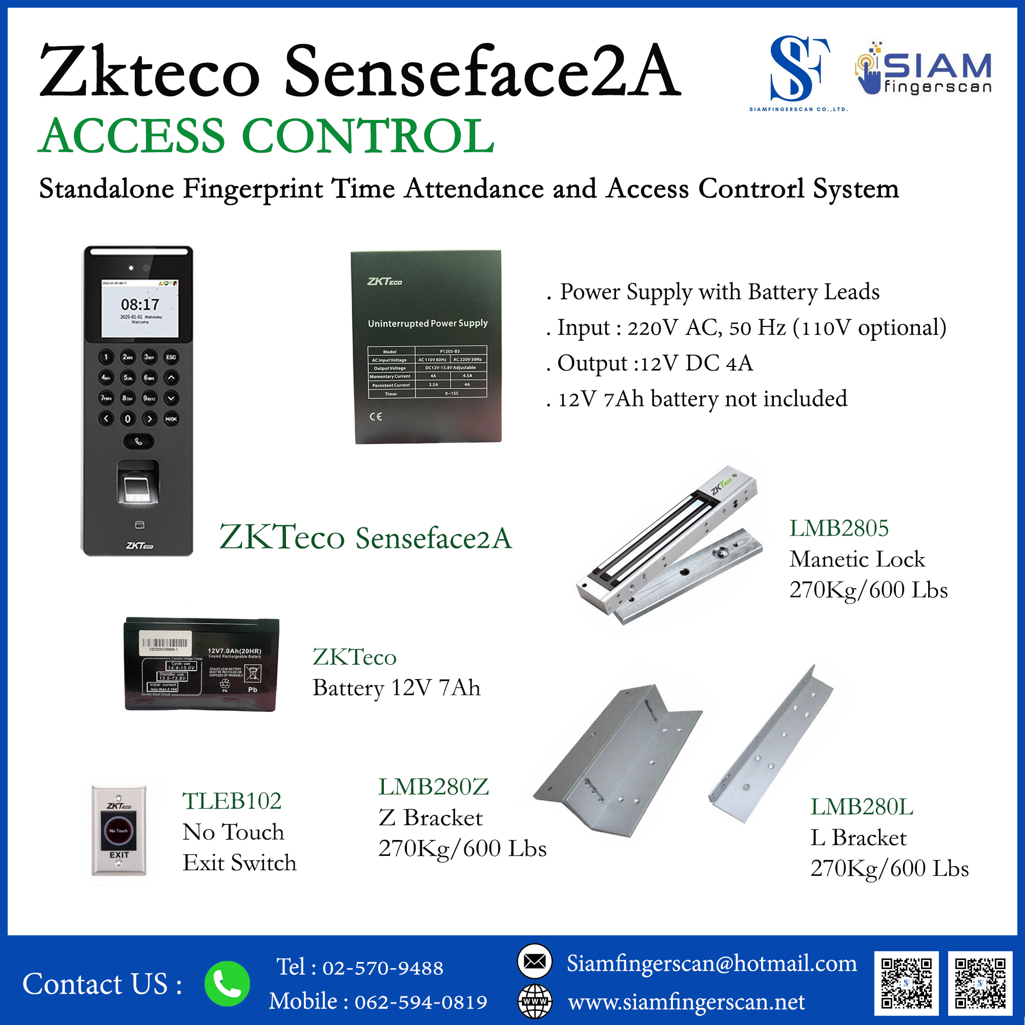 เครื่องสแกนใบหน้า Zkteco Senseface2A