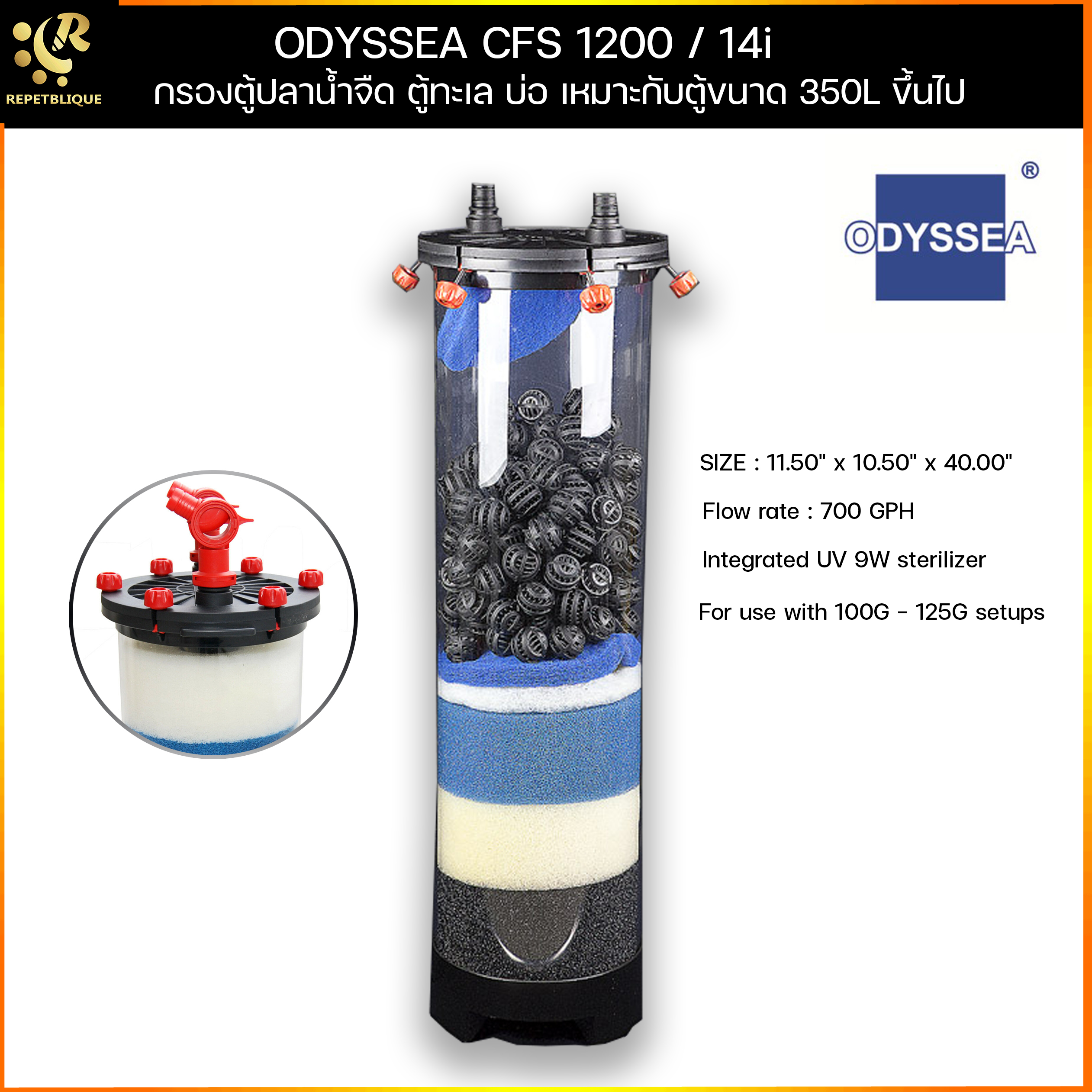 เครื่องกรองนอก ODYSSEA CFS 1200 14i กรองสำหรับตู้ขนาดใหญ่ (ประกันมอเตอร์6เดือน) เครื่องกรองน้ำมีปั๊มในตัว พร้อมหลอด UV ฆ่าเชื้อโรค