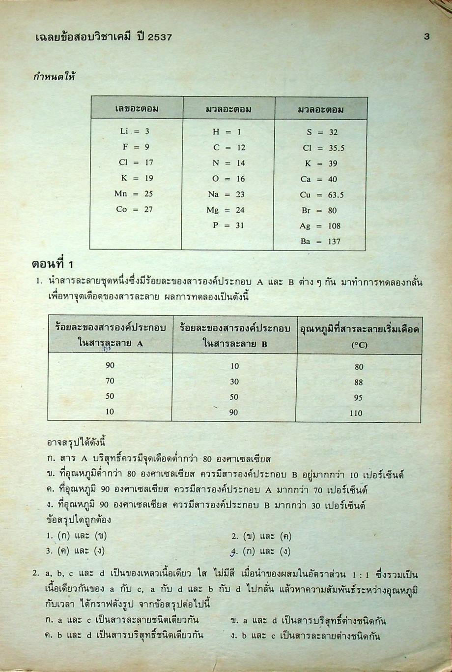 เฉลยข้อสอบคัดเลือกเข้ามหาวิทยาลัย ปี พ.ศ. 2531-2537 วิชาเคมี