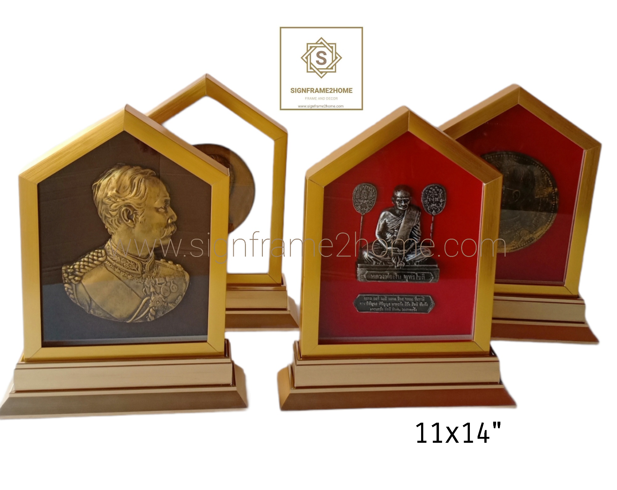 กรอบไม้ทรงลึกงานเรซิ่นทอง เงิน นูนสูง กรอบฐานตั้ง ไม้สีทองสว่าง ขนาด 14x11" หลวงพ่อเงิน