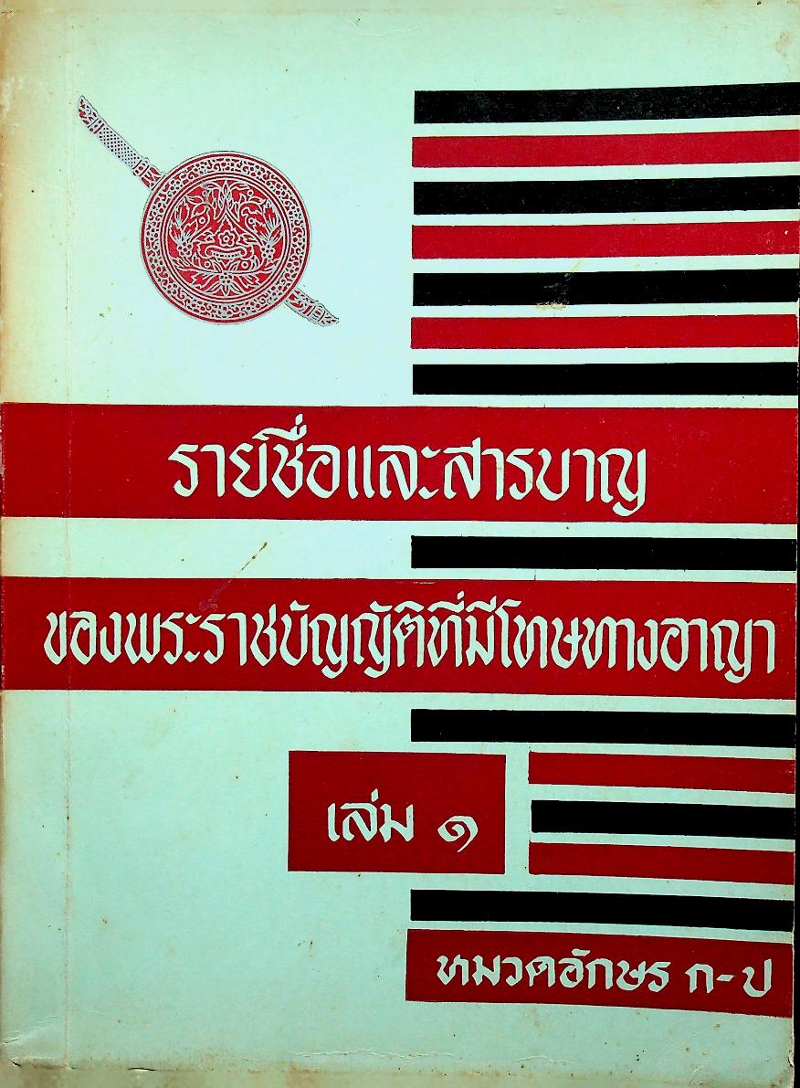 รายชื่อและสารบาญของพระราชบัญญัติที่มีโทษทางอาญา เล่ม ๑ หมวดอักษร ก-ป