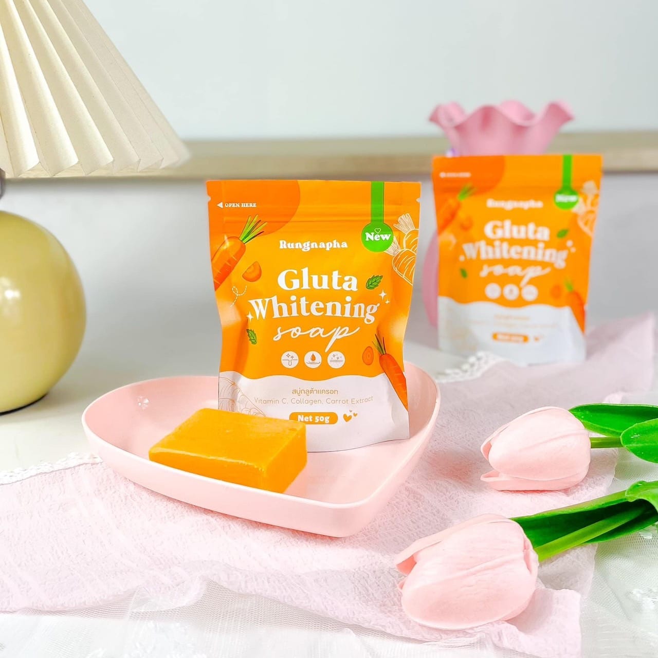 สบู่กลูต้าเร่งผิวขาว (3ก้อน) สบู่กลูต้าแครอท 50g. แพ็คเกจใหม่