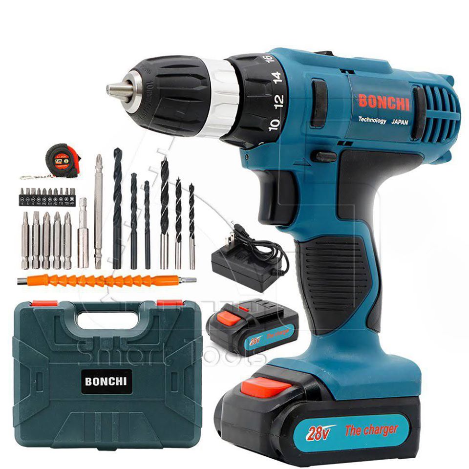 รหัสสินค้า 141 สว่านไร้สาย 2 ระบบ 28V BONCHI สำหรับเจาะไม้ เหล็ก ขันน็อตสกรู พร้อมแบตเตอรี่ 2 ก้อน แท่นชาร์จแบต สายอ่อน ดอกสว่าน และอุปกรณ์ครบชุด มากถึง 25 ชิ้น!
