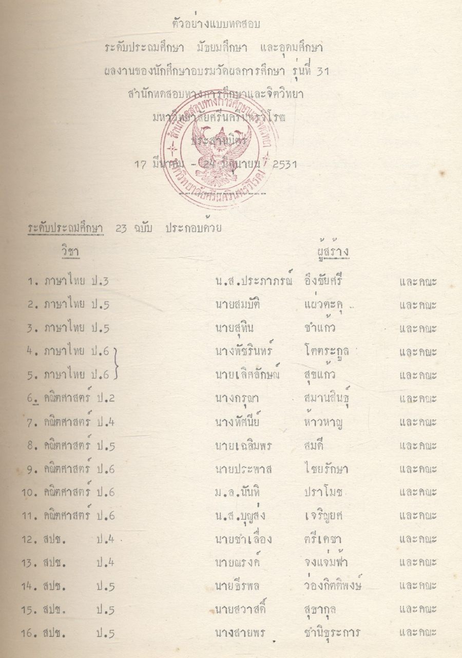 ตัวอย่างแบบทดสอบ ระดับประถมศึกษา - มัธยมศึกษา อุดมศึกษา การอบรมวัดผลการศึกษา รุ่นที่ 31