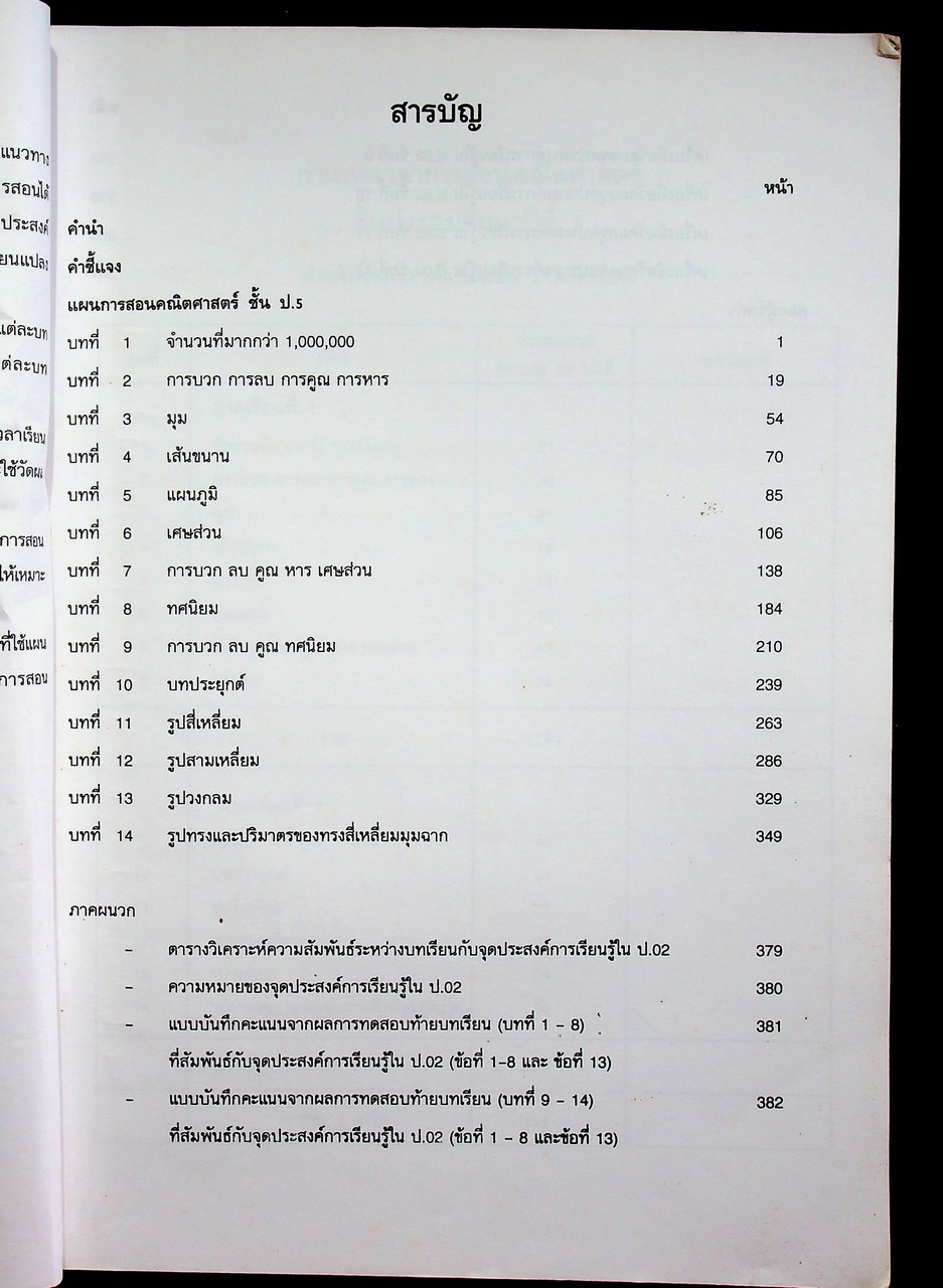 แผนการสอนกลุ่มทักษะคณิตศาสตร์ ชั้นประถมศึกษาปีที่ 5