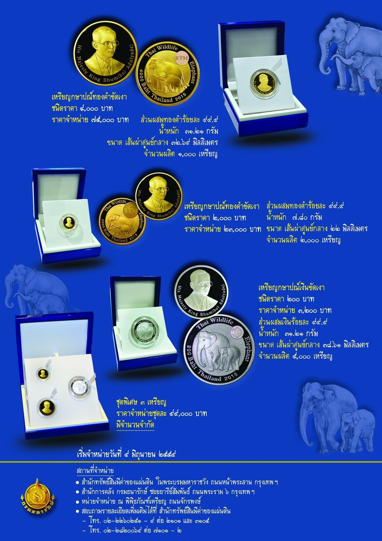 เหรียญทองคำขัดเงา ครบชุด 3 เหรียญ ที่ระลึกช้างไทย (ช้างแม่ลูก) พร้อมกล่องเดิมๆ สร้างน้อย หายาก พ.ศ.2559