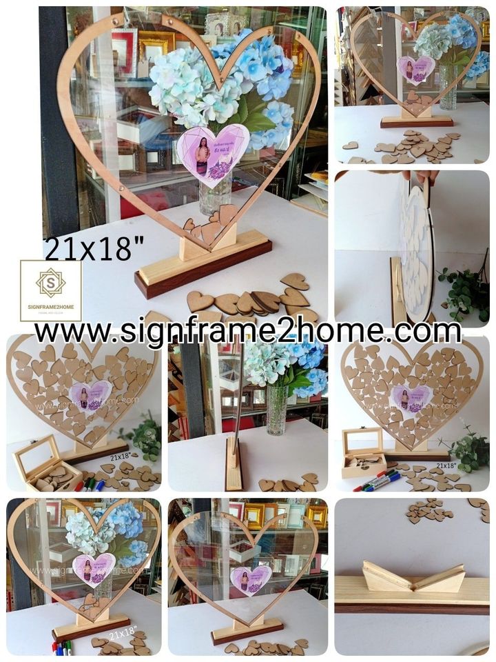 กรอบใส่หัวใจอวยพร ใส่หัวใจไดคัทไม้ อคิลิคหัวใจ สามารถให้ได้ทั้ง 2ฝั่ง เขียนอวยพรงานแต่ง 20x24"