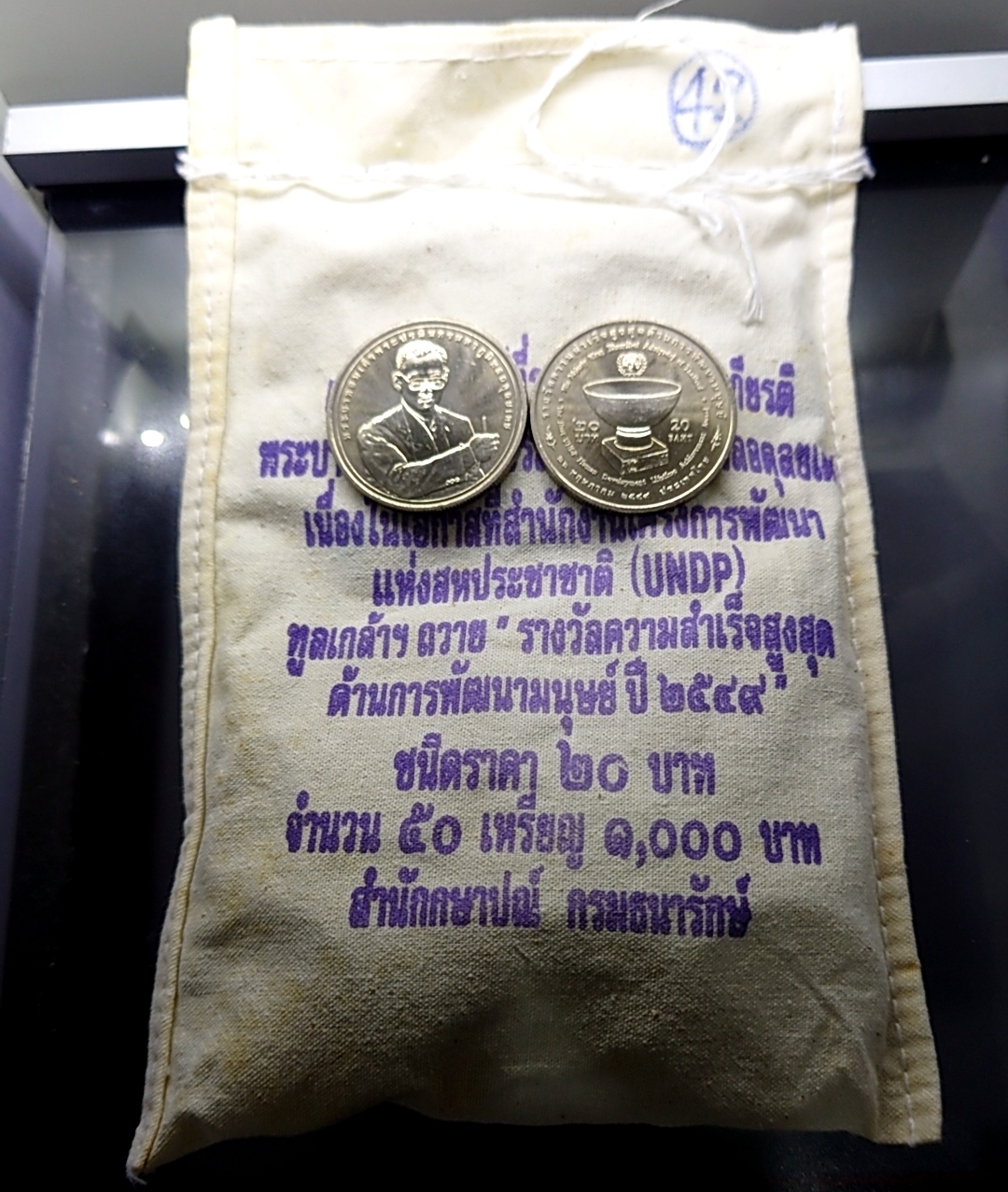 เหรียญยกถุง (50 เหรียญ) เหรียญ 20 บาท เนื้อนิเกิล ที่ระลึก UNDP ทูลเกล้าฯ ถวาย รางวัลความสำเร็จสูงสุดด้านการพัฒนามนุษย์ รัชกาลที่9 พ.ศ.2549 ไม่ผ่านใช้