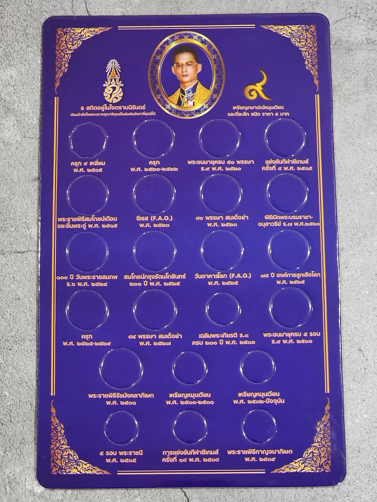 แผงใส่เหรียญ 5 บาท ที่ระลึก 22 วาระ สีน้ำเงิน/สีแดง แผงเปล่าใส่เหรียญ คุณภาพดี