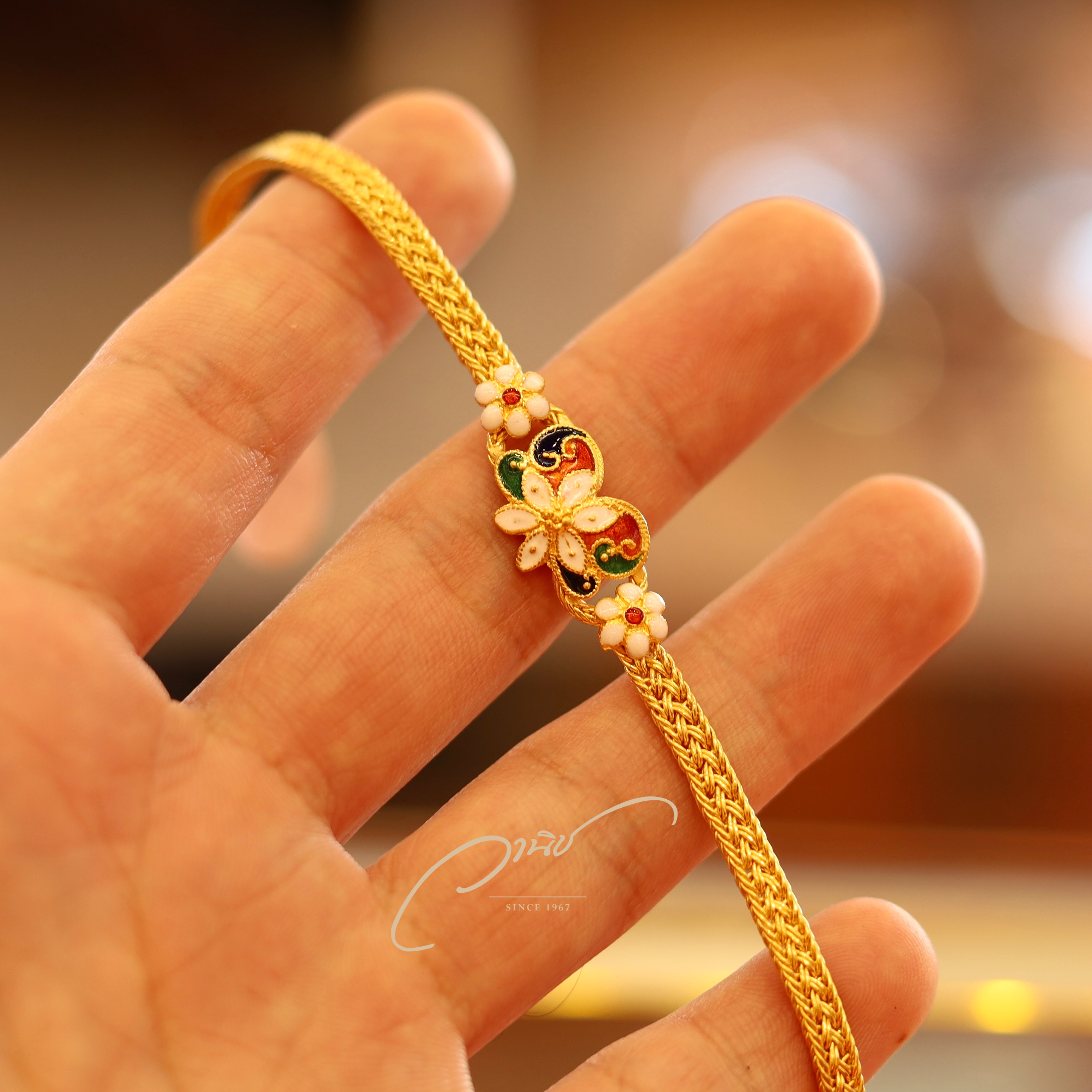 สร้อยข้อมือทองคำ 96.5% ลงยารูปดอกไม้หลากสี