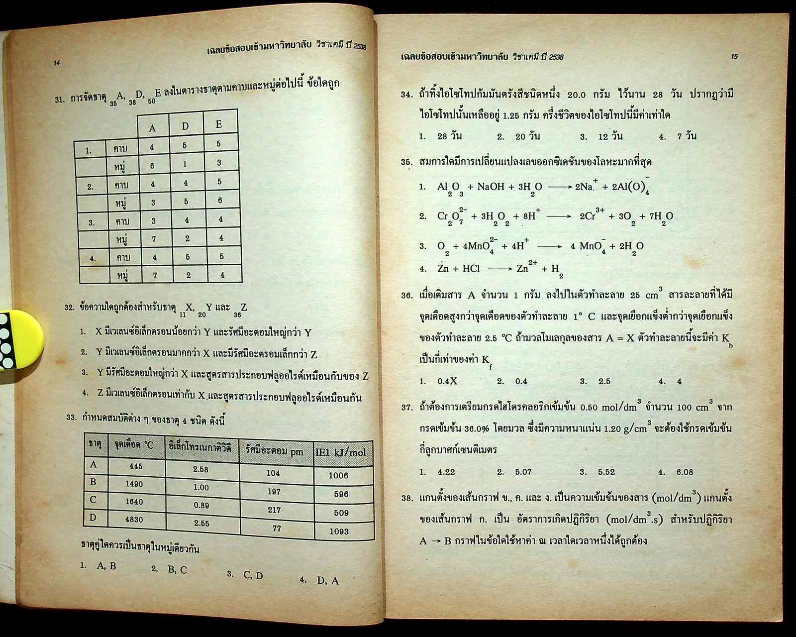 เฉลยข้อสอบ ENTRANCE สายวิทย์ รวมข้อสอบหลาย พ.ศ.-2538 เคมี