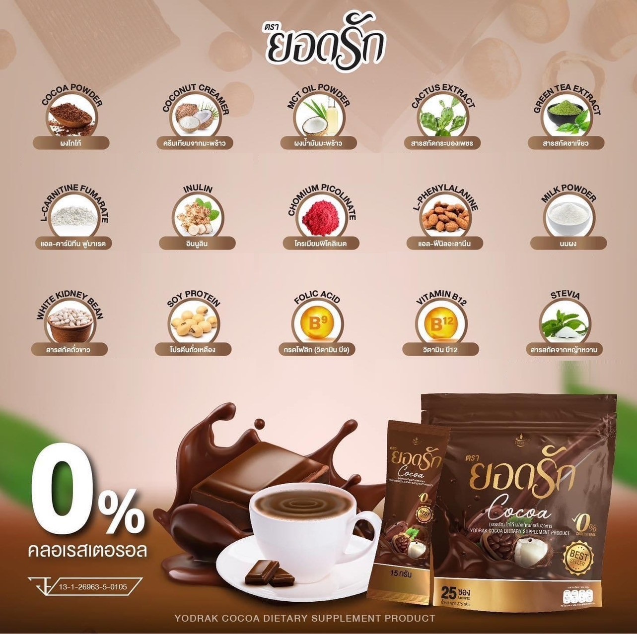 โกโก้ยอดรัก ยอดรักโกโก้ Yodrak Cocoa คุมหิว อิ่มนาน อร่อย (25 ซอง)