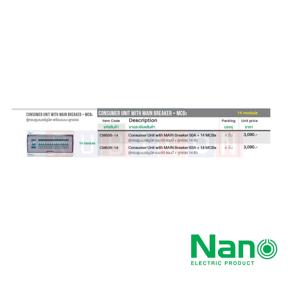Nano Electric® CM50B-14 ตู้คอนซูเมอร์ยูนิต SHIHLIN/NANO เมน+14 ช่อง ( พร้อมเมน 50 A+ลูกย่อย) ( 1 ชิ้น/กล่อง )