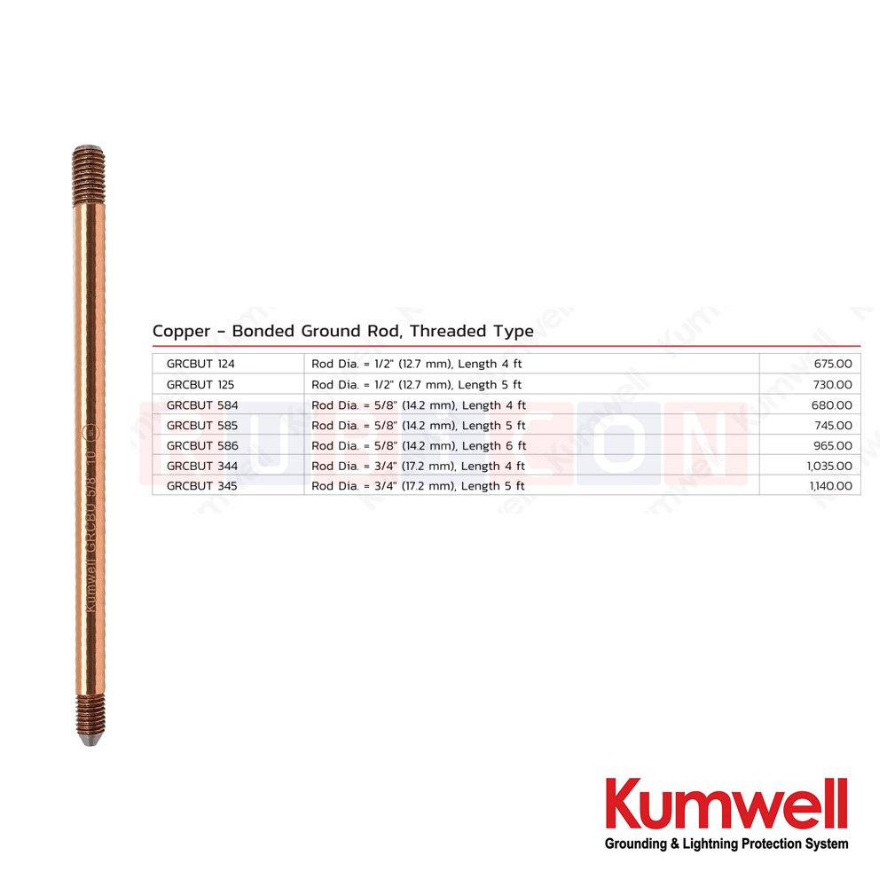 KUMWELL GRCBUT 586 แท่งกราวด์ทองแดง เกลียวหัวท้าย (Copper – Bonded Ground Rod Threaded Type ) ขนาด 5/8″ (14.2 mm) ความยาว 6 ฟุต