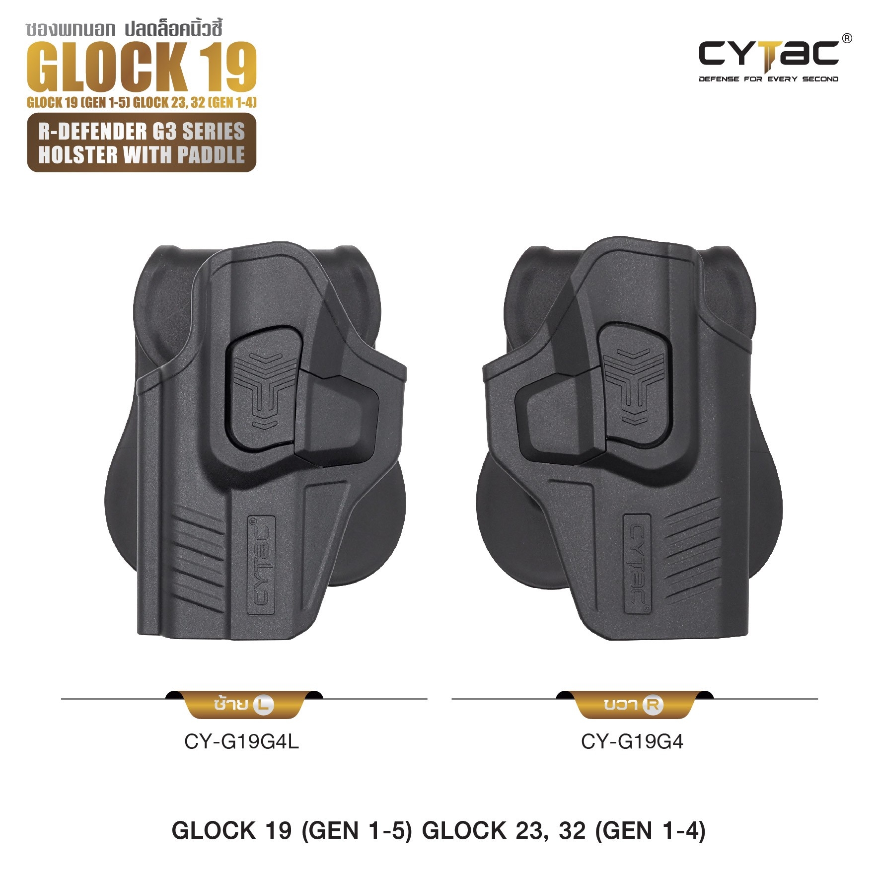 🇹🇭 652 ไทยแลนด์ แทคติคอล CYTAC ซองพกนอก ปลดล็อคนิ้วชี้ รุ่น GLOCK 19,23,32