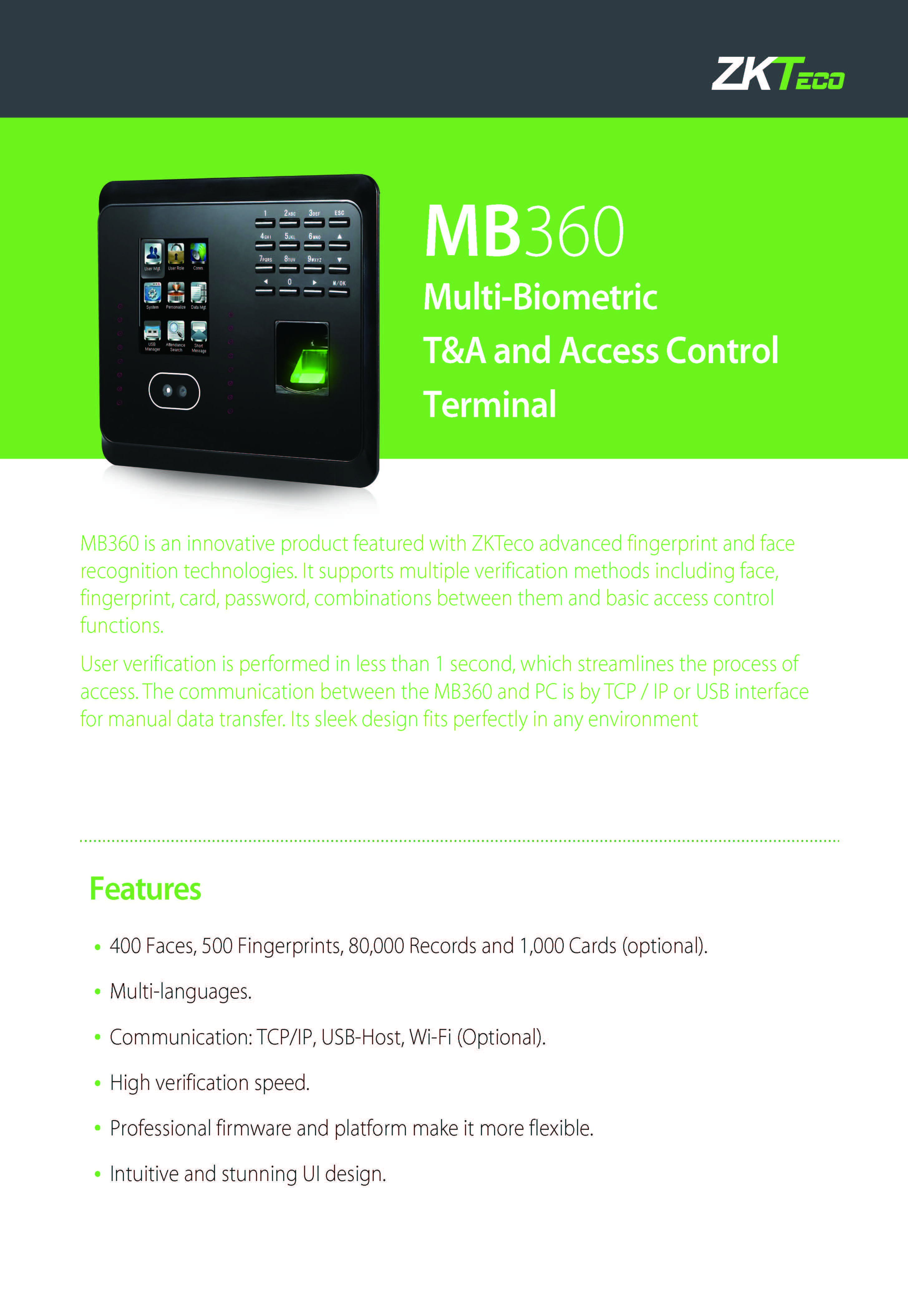 เครื่องสแกนใบหน้า Zkteco MB360