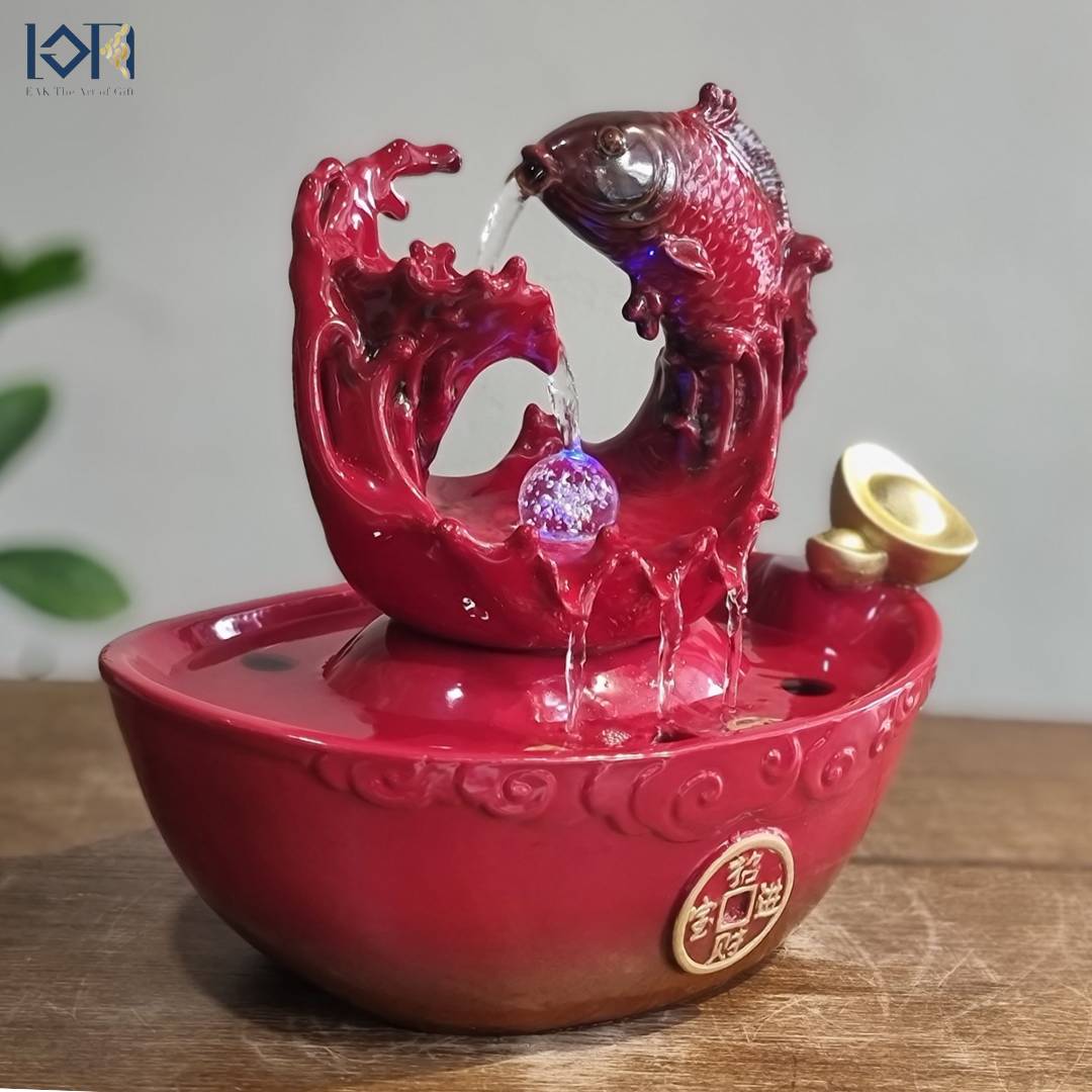 น้ำพุล้นตั้งโต๊ะ รุ่นปลามังกรสีแดงรหัสสินค้า10494-6 เสริมฮวงจุ้ยสริมทรัพย์มงคล ตกแต่งบ้านที่ทำงานร้านค้า ของขวัญ