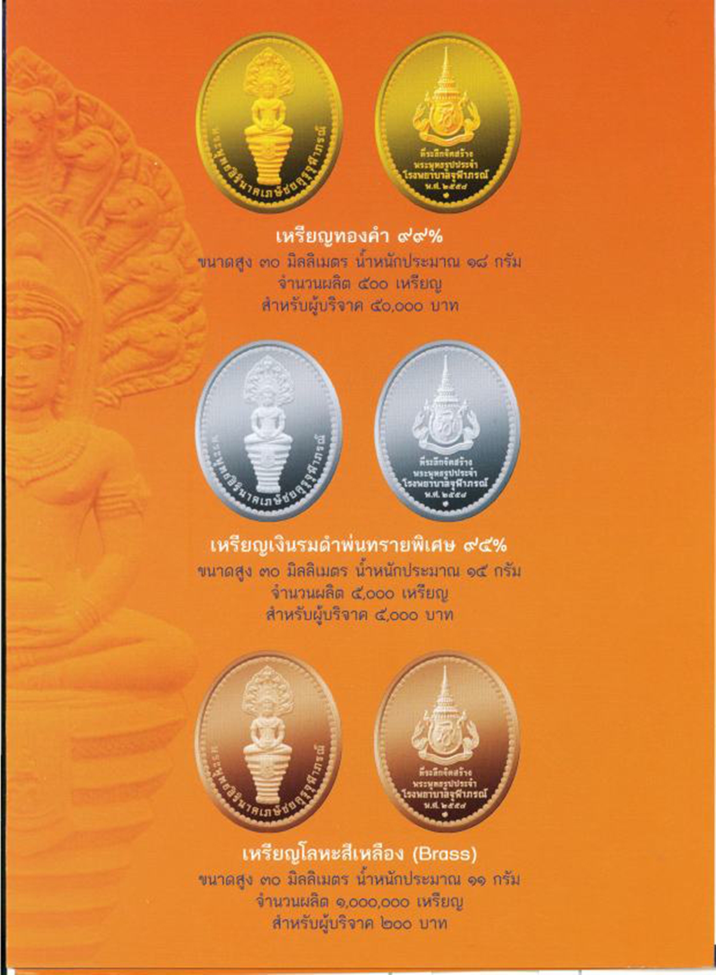 เหรียญพระพุทธสิรินาคเภษัชยคุรุจุฬาภรณ์ (เหรียญพระพุทธโอสถ) เนื้อทองเหลือง พ.ศ. 2558 ที่ระลึก 90 พรรษา ในหลวงรัชกาลที่ 9 - โรงพยาบาลจุฬาภรณ์