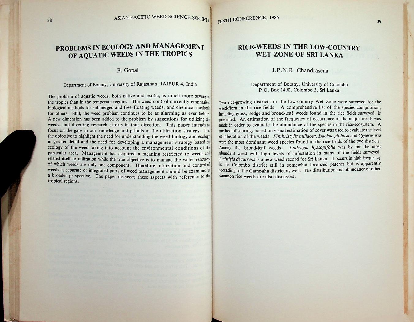 ABSTRACTS : THE TENTH CONFERENCE OF THE ASIAN-PACIFIC WEED SCIENCE SOCIETY 1985