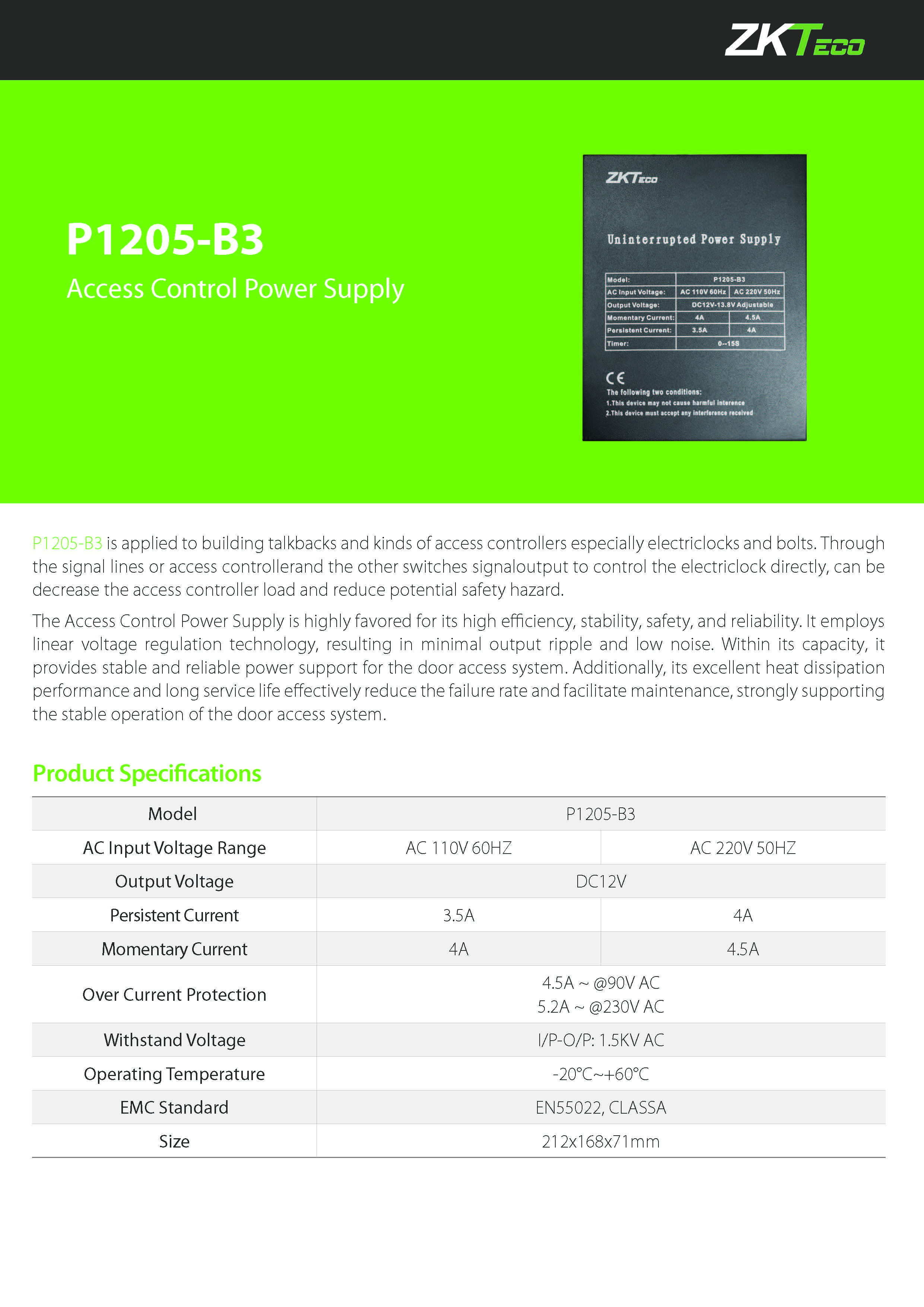 Power Supply Zkteco P1205-B3