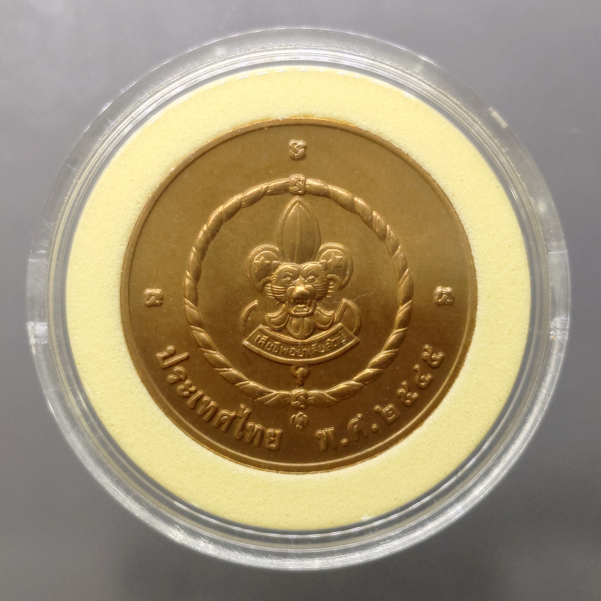 เหรียญที่ระลึกเฉลิมพระเกียรติพระบาทสมเด็จพระเจ้าอยู่หัว 75 พรรษา องค์พระประมุขคณะลูกเสือแห่งชาติ พ.ศ.2545 เนื้อทองแดง พร้อมตลับเดิม