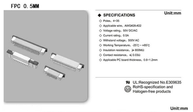 ช่องสายแพร Pitch 0.5mm Socket FFC Flexible Flat Cable 4P 6P 8P 10P 12P 14P 16P 18P 20P 22P 24P 26P 28P 30P 32P 34P 36P 40P 50P 54P 60P