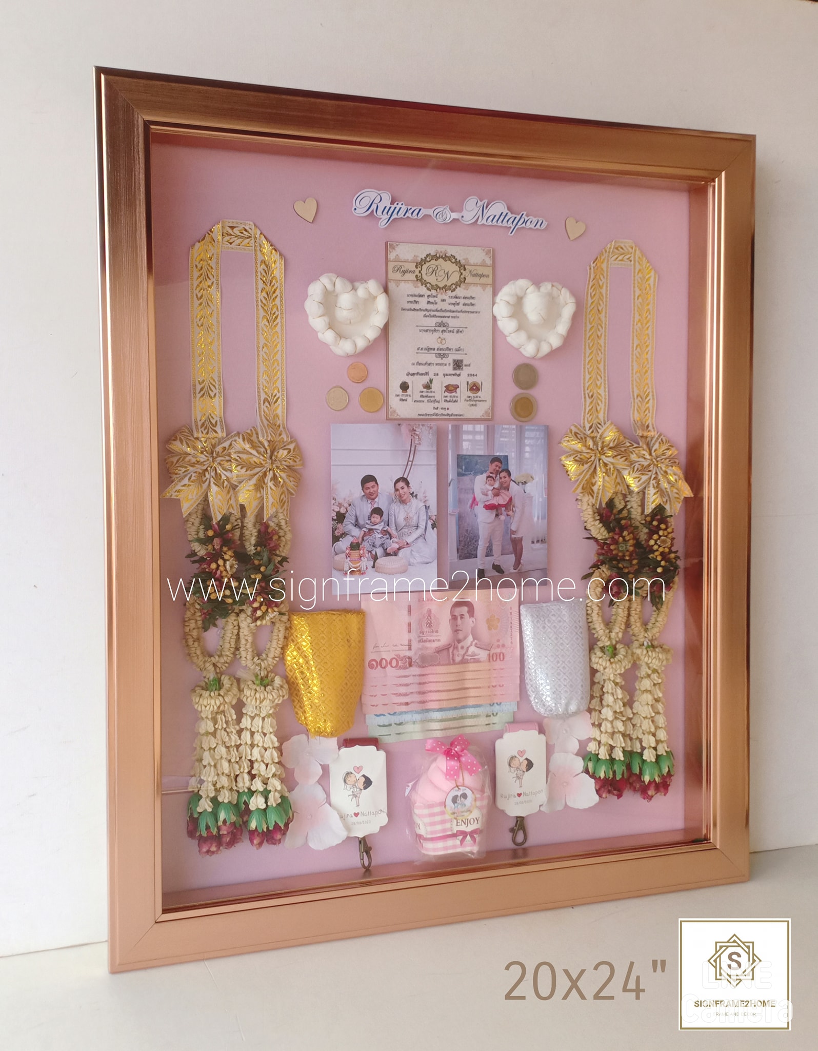 กรอบทรงลึกไม้ขาวเรียบสี rose gold ขนาด 20x24"