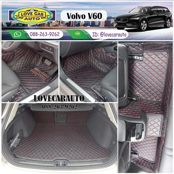 พรมปูพื้นรถยนต์6D Volvo V60 2023 สีดำด้ายแดง ลายเคฟล่า