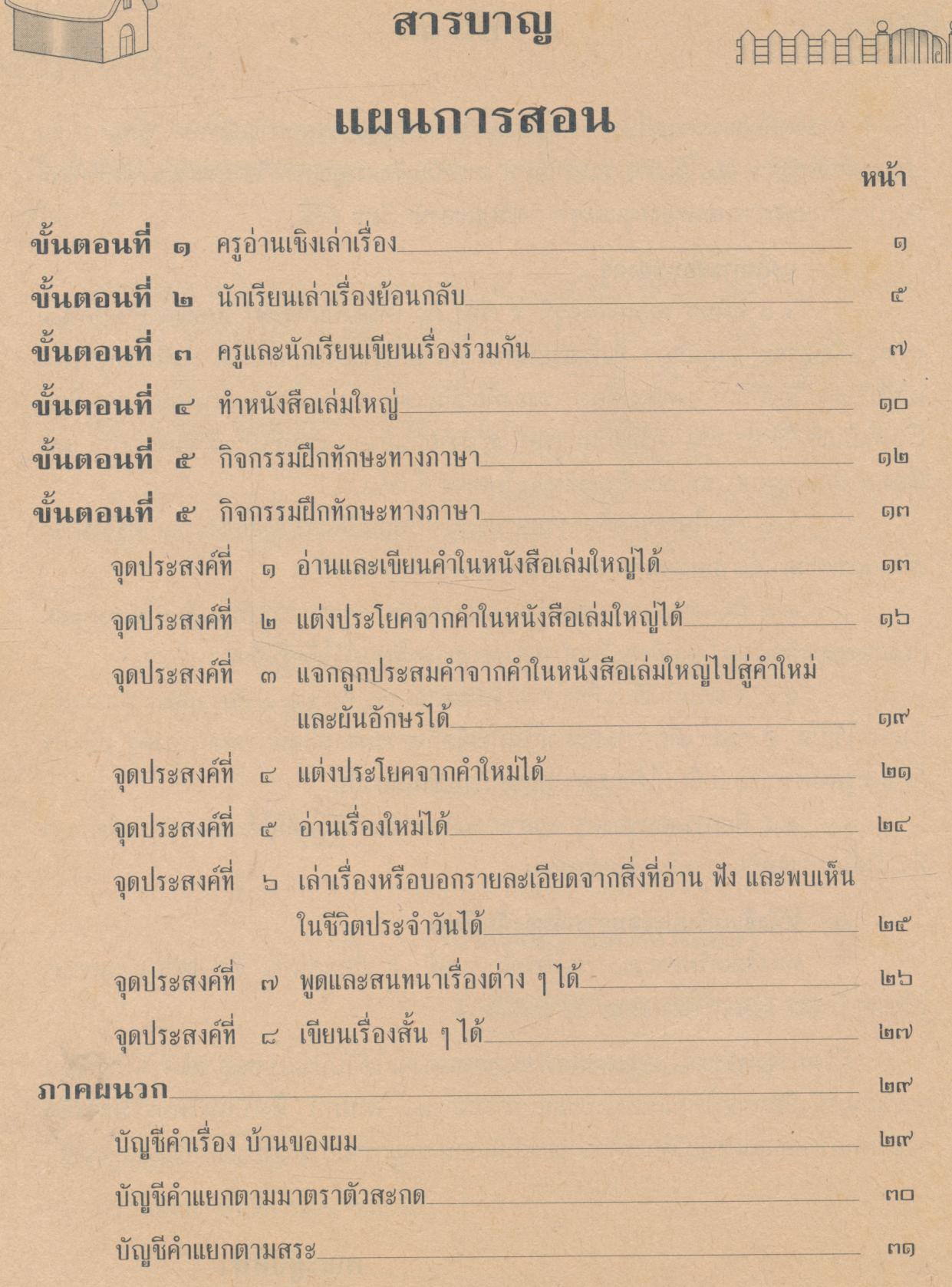 แผนการสอน บ้านของผม ชั้นประถมศึกษาปีที่ ๒ หนังสือภาษาไทยแบบมุ่งประสบการณ์ภาษา