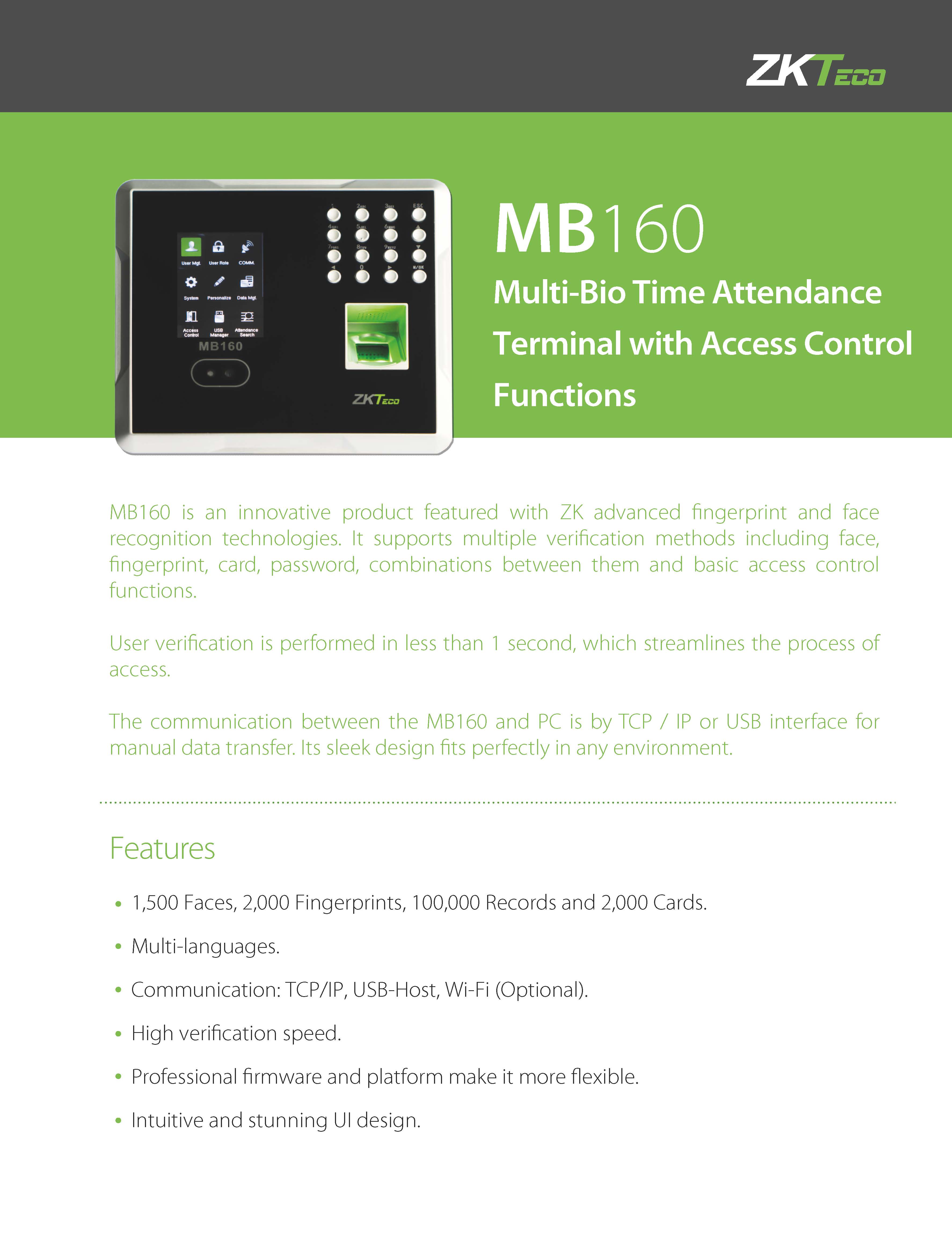 เครื่องสแกนใบหน้า Zkteco MB160