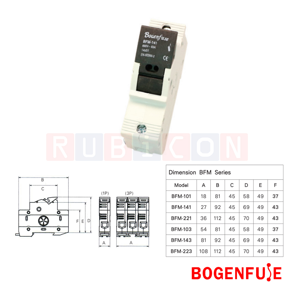 BOGENFUSE BFM-141 1P 63A ตลับใส่ฟิวส์รุ่นมีแล้มป์ ขนาด 14x51 มม. 690V gL14 (CYLINDER FUSE HOLDER)