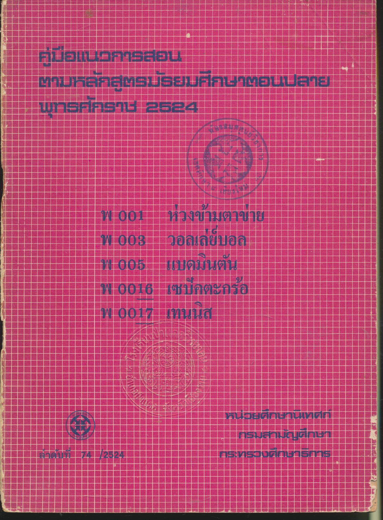 คู่มือแนวการสอน ตามหลักสูตรมัธยมศึกษาตอนปลาย พุทธศักราช 2524 พ 001 ห่วงข้ามตาข่าย พ 003 วอลเล่ย์บอล พ 005 แบดมินตัน พ 0016 เซปัคตะกร้อ พ 0017 เทนนิส