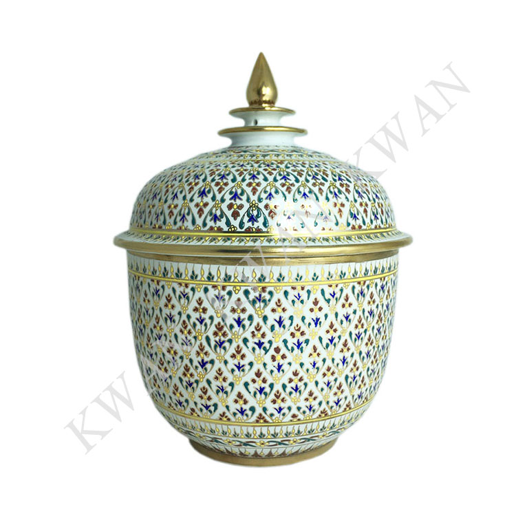 KWAN โถเบญจรงค์ 6 นิ้ว ลายทรัพย์ศิริ พื้นด้าน