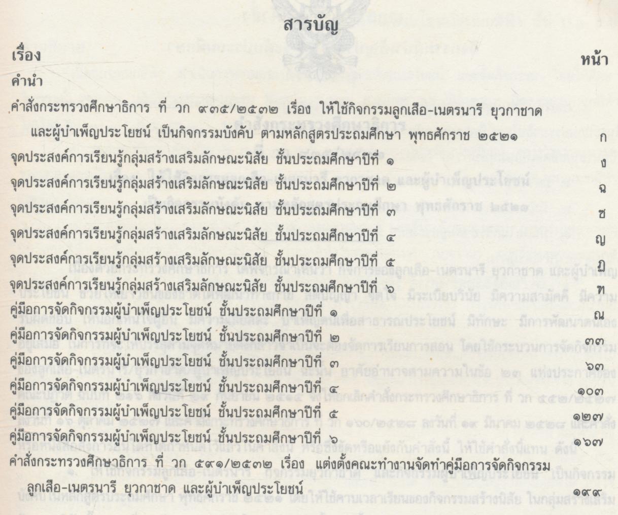 คู่มือการจัดกิจกรรมผู้บำเพ็ญประโยชน์ ชั้นประถมศึกษาปีที่ ๑-๖ (ระดับนกน้อย นกขนฟ้า นกขนเงิน นกขนทอง)