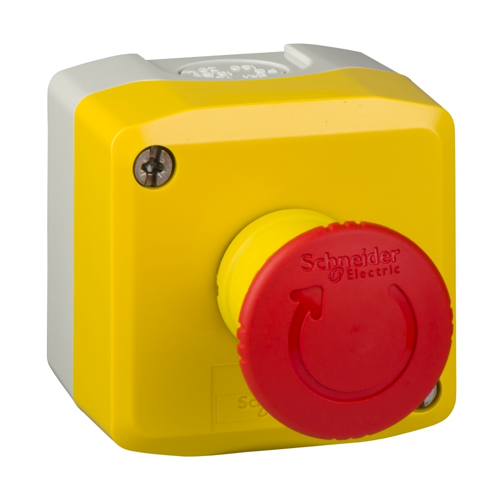 "SCHNEIDER" XALK178 สวิตซ์กดดอกเห็ด ขนาด 40 มม. สีแดงกดล็อก กล่องสีเหลือง หมุนเพื่อปลด 1NC