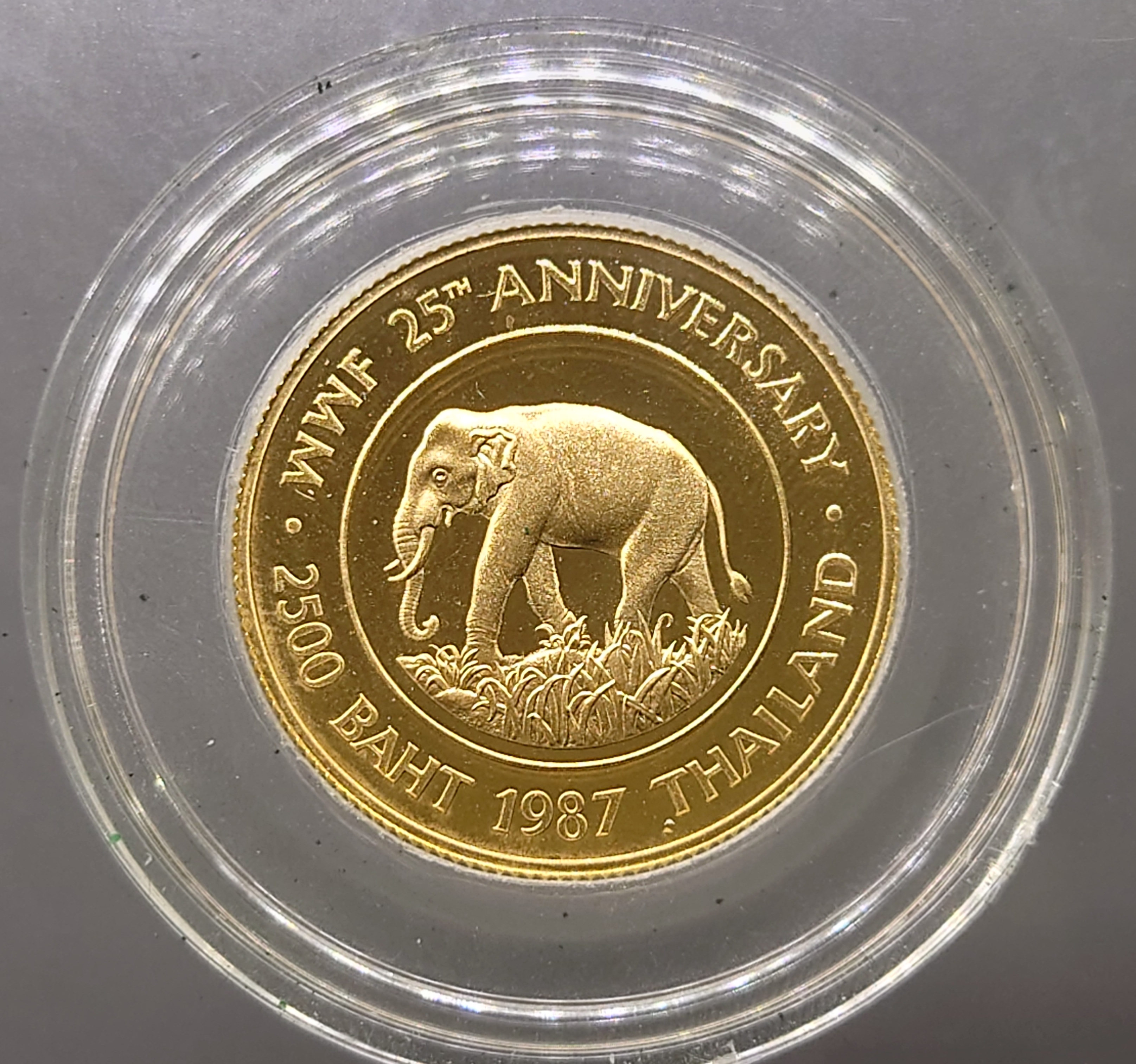 เหรียญทองคำขัดเงา (หนัก 16 กรัม) เหรียญ 2500 บาท ที่ระลึก 25 ปี ของกองทุนคุ้มครองสัตว์ป่าแห่งโลก พ.ศ.2530 พร้อมกล่องเดิมใบเซอร์