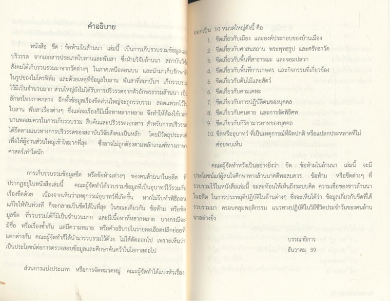 ขึด ข้อห้ามในล้านนา รวบรวมปริวรรตจากตัวอักษรธรรมล้านนา อนุสรณ์พิธีพระราชทานเพลิงศพ(ปอยล้อ) พระครูพิธานพัฒนกิจ (หมั้ว กตปุญโญ) ๑๒ะันวาคม ๒๕๕๘